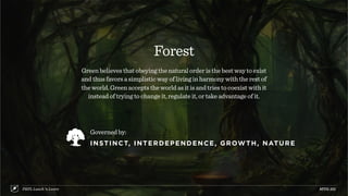 Forest
Green believes that obeying the natural order is the best way to exist
and thus favors a simplistic way of living in harmony with the rest of
the world. Green accepts the world as it is and tries to coexist with it
instead of trying to change it, regulate it, or take advantage of it.
MTG:101PRPL Lunch ’n Learn
Governed by:
INSTINCT, INTERDEPENDENCE, GROWTH, NATURE
 