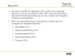 BranchenNur etwa ein Drittel der Befragten (32%) geben eine eindeutige Branche an, für die sie arbeiten (2006: 70%). Bei den allermeisten liegt keine Branchenspezialisierung vor bzw. werden keine Angaben zu diesem Punkt gemacht. Wenn eine Spezialisierung auf eine Branche vorliegt, dann am häufigsten bei folgenden Branchen:   Gesundheit (7%)Wissenschaft/Bildung (4%)Energiewirtschaft (3%)Automobilindustrie (3%) Finanzen (3%)