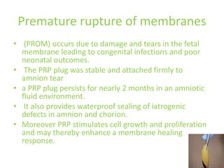 Premature rupture of membranes
• (PROM) occurs due to damage and tears in the fetal
membrane leading to congenital infections and poor
neonatal outcomes.
• The PRP plug was stable and attached firmly to
amnion tear
• a PRP plug persists for nearly 2 months in an amniotic
fluid environment.
• It also provides waterproof sealing of iatrogenic
defects in amnion and chorion.
• Moreover PRP stimulates cell growth and proliferation
and may thereby enhance a membrane healing
response.
 