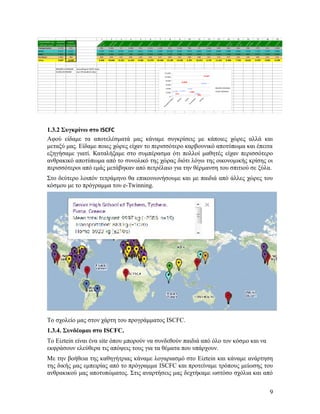 4

5

6

7

8

9

10

11

12

13

14

15

16

17

18

19

SI

3

KO

2

3.544

700

47

1.031

609

366

446

298

279

212

1.056

10.423

9.501

3.447

6.824

4.444

8.890

5.982

5.001

7.432

7.123

4.207

4.995

1.658

1.559

1.006

1.810

2.913

907

1.612

1.564

2.039

684

1.671

2.144

2.643

Purchases:

1.060

368

368

248

233

403

220

393

527

284

542

398

468

365

310

472

256

196

406

392

505

TOTAL

9.047

10.087

9.450

10.046

12.351

11.526

9.428

15.574

10.344

13.199

14.593

6.355

10.252

6.747

11.421

8.384

7.742

8.610

9.479

6.955

9.199

REGION AVERAGE
CLASS AVERAGE

12.000
10.087

10.000
8.000

6.923

9.047

6.000
4.000

1.884

REGION AVERAGE

Pu
rc
ha
se
s:

d:
Fo
o

Ho
m
e:

Tr
an
sp
o

rt
at
io
n

:

0

1.060
368

CLASS AVERAGE

TA
L

2.178
913

TO

2.000

3.492
2.317

1.3.2 Συγκρίνω στο ISCFC
Αφού είδαμε τα αποτελέσματά μας κάναμε συγκρίσεις με κάποιες χώρες αλλά και
μεταξύ μας. Είδαμε ποιες χώρες είχαν το περισσότερο καρβουνικό αποτύπωμα και έπειτα
εξηγήσαμε γιατί. Καταλήξαμε στο συμπέρασμα ότι πολλοί μαθητές είχαν περισσότερο
ανθρακικό αποτύπωμα από το συνολικό της χώρας διότι λόγω της οικονομικής κρίσης οι
περισσότεροι από εμάς μετάβηκαν από πετρέλαιο για την θέρμανση του σπιτιού σε ξύλα.
Στο δεύτερο λοιπόν τετράμηνο θα επικοινωνήσουμε και με παιδιά από άλλες χώρες του
κόσμου με το πρόγραμμα του e-Twinning.

Το σχολείο μας στον χάρτη του προγράμματος ISCFC.
1.3.4. Συνδέομαι στο ISCFC.
Το Eiztein είναι ένα site όπου μπορούν να συνδεθούν παιδιά από όλο τον κόσμο και να
εκφράσουν ελεύθερα τις απόψεις τους για τα θέματα που υπάρχουν.
Με την βοήθεια της καθηγήτριας κάναμε λογαριασμό στο Eiztein και κάναμε ανάρτηση
της δικής μας εμπειρίας από το πρόγραμμα ISCFC και προτείναμε τρόπους μείωσης του
ανθρακικού μας αποτυπώματος. Στις αναρτήσεις μας δεχτήκαμε ωστόσο σχόλια και από
9

S

S

PA

A
TH

S-

KY

PA

IN
A

O
N
IK

AT
H

EN
IO

T.

M

LI
AS
H

G
IA

N

ST
EL
LA

SE
VI

S

D

IM

IA
AR
M

A
OL
G

HL
IA
S

according to ISCFC data
our 19-student class

N
TE
LI

933

6.930

4.736

N
A

1.229

9.291

2.546

RI
A

1.154

6.011

782

KO
N
S
NT TA
IN
A

651

9.341

2.627

ST
AV
U RO
LA

1.000

9.476

1.264

N
A
O GI
TI
S

15

4.953

1.622

S

3.581

7.270

1.884

S

190

6.923

3.492

N
IS

913

2.317

Food:

IT
RI

2.178

Home:

D

Transportation:

TH

KO
N
S
N TA
TI
N
O
S

1
O
T
RI HO
S

CARBON
FOOTPRINT (Kg REGION
CLASS
CO2 per year) AVERAGE AVERAGE

 