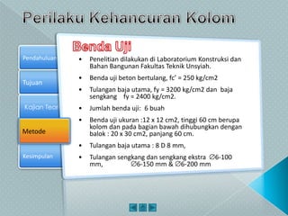 Tujuan
Kajian Teori
Metode
Pendahuluan
Kesimpulan
Metode
• Penelitian dilakukan di Laboratorium Konstruksi dan
Bahan Bangunan Fakultas Teknik Unsyiah.
• Benda uji beton bertulang, fc’ = 250 kg/cm2
• Tulangan baja utama, fy = 3200 kg/cm2 dan baja
sengkang fy = 2400 kg/cm2.
• Jumlah benda uji: 6 buah
• Benda uji ukuran :12 x 12 cm2, tinggi 60 cm berupa
kolom dan pada bagian bawah dihubungkan dengan
balok : 20 x 30 cm2, panjang 60 cm.
• Tulangan baja utama : 8 D 8 mm,
• Tulangan sengkang dan sengkang ekstra 6-100
mm, 6-150 mm & 6-200 mm
 