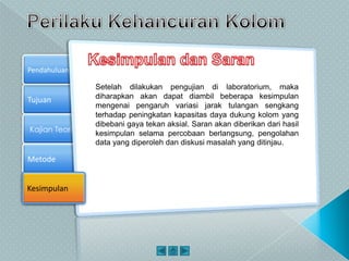 Tujuan
Kajian Teori
Metode
Pendahuluan
KesimpulanKesimpulan
Setelah dilakukan pengujian di laboratorium, maka
diharapkan akan dapat diambil beberapa kesimpulan
mengenai pengaruh variasi jarak tulangan sengkang
terhadap peningkatan kapasitas daya dukung kolom yang
dibebani gaya tekan aksial. Saran akan diberikan dari hasil
kesimpulan selama percobaan berlangsung, pengolahan
data yang diperoleh dan diskusi masalah yang ditinjau.
 