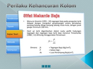 Tujuan
Kajian Teori
Metode
Pendahuluan
Kesimpulan
Kajian Teori
• Menurut Anonim (1991 ; 10) regangan baja pada pengujian tarik
didapat dengan mengukur perpanjangan antara perubahan
panjang batang dibagi panjang batang mula-mula, dengan jarak
gauge minimum 100 mm.
• Hasil uji tarik digambarkan dalam suatu grafik hubungan
tegangan dan regangan baja tarik baja menurut Timoshenko
(1986 ; 11) dihitung menggunakan Persamaan
Dimana: fs = Tegangan Baja (Kg/cm²);
P = beban (kg) ;
As = Luas Penampang Baja(cm²).
As
P
fs
 