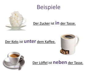 Der Zucker ist in der Tasse.
Der Keks ist unter dem Kaffee.
Der Löffel ist neben der Tasse.
Beispiele
 