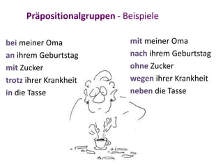 bei meiner Oma
an ihrem Geburtstag
mit Zucker
trotz ihrer Krankheit
in die Tasse
mit meiner Oma
nach ihrem Geburtstag
ohne Zucker
wegen ihrer Krankheit
neben die Tasse
Präpositionalgruppen - Beispiele
 