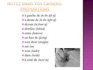 à
gauche de (to the left of)
à droite de (to the right of)
devant (in front of)
derrière (behind)
entre (between)
en face de (facing)
tout droit (straight)
sur (on)
sous (under)
dans (inside)
à
coté de (next to)