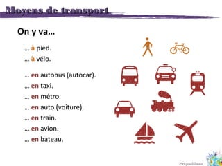 Moyens de transportMoyens de transport
On y va…
… à pied.
… à vélo.
… en autobus (autocar).
… en taxi.
… en métro.
… en au...