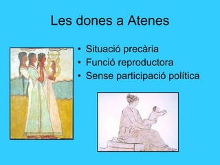 Les dones a Atenes Situació precària Funció reproductora Sense participació política 