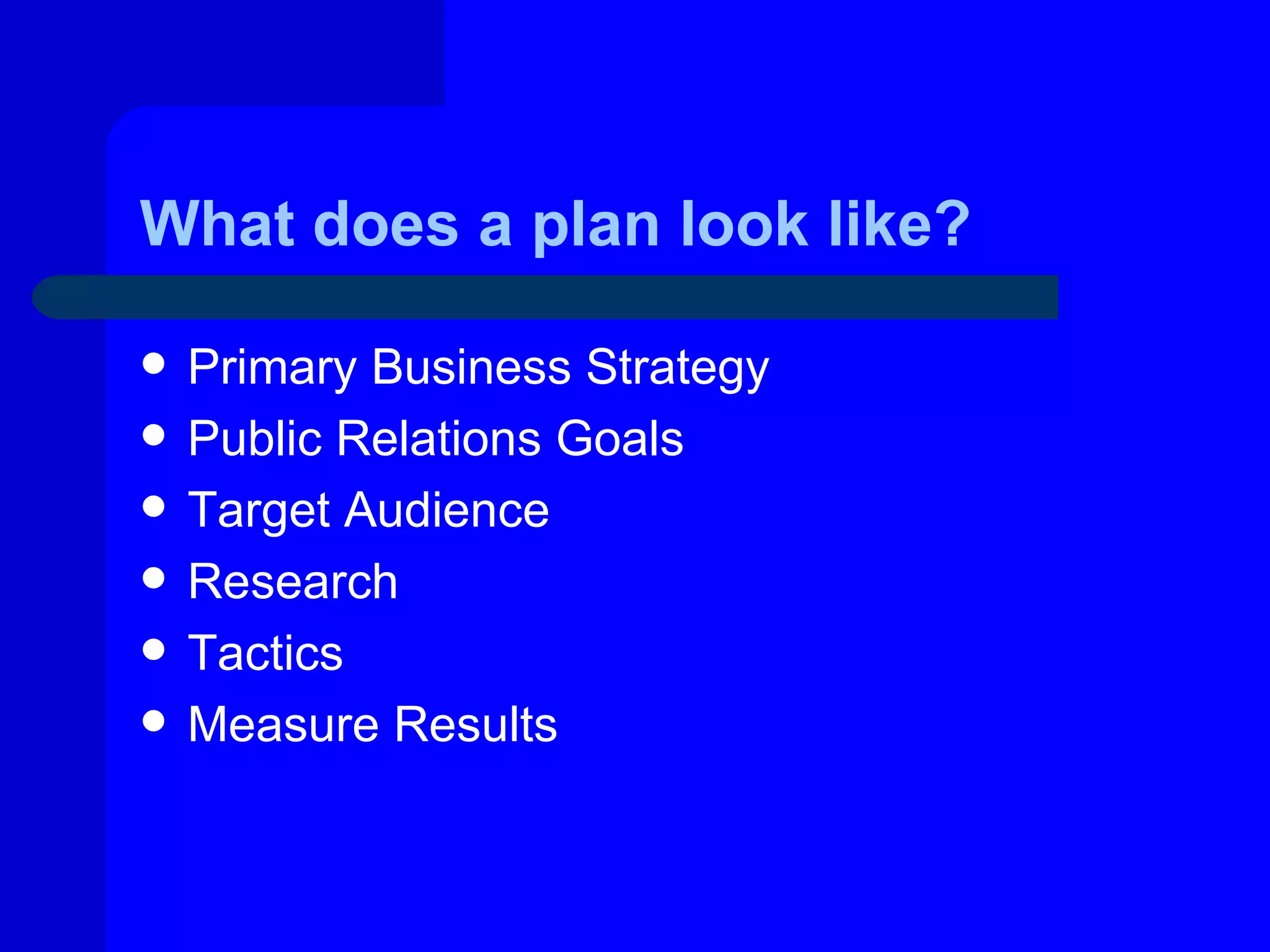 What does a plan look like?

   Primary Business Strategy
   Public Relations Goals
   Target Audience
   Research
   Tactics
   Measure Results
 