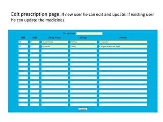 Edit prescription page: If new user he can edit and update. If existing user
he can update the medicines.
 
