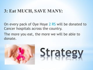 3: Eat MUCH, SAVE MANY:
On every pack of Oye Hoye 2 RS will be donated to
Cancer hospitals across the country.
The more you eat, the more we will be able to
donate.
 