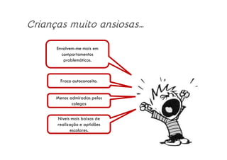 Crianças muito ansiosas…
Envolvem-me mais em
comportamentos
problemáticos.
Fraco autoconceito.Fraco autoconceito.
Menos admiradas pelos
colegas
Níveis mais baixos de
realização e aptidões
escolares.
 