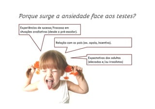 Porque surge a ansiedade face aos testes?
Experiências de sucesso/fracasso em
situações avaliativas (desde o pré-escolar).
Relação com os pais (ex. apoio, incentivo).
Expectativas dos adultos
(elevadas e/ou irrealistas)
 