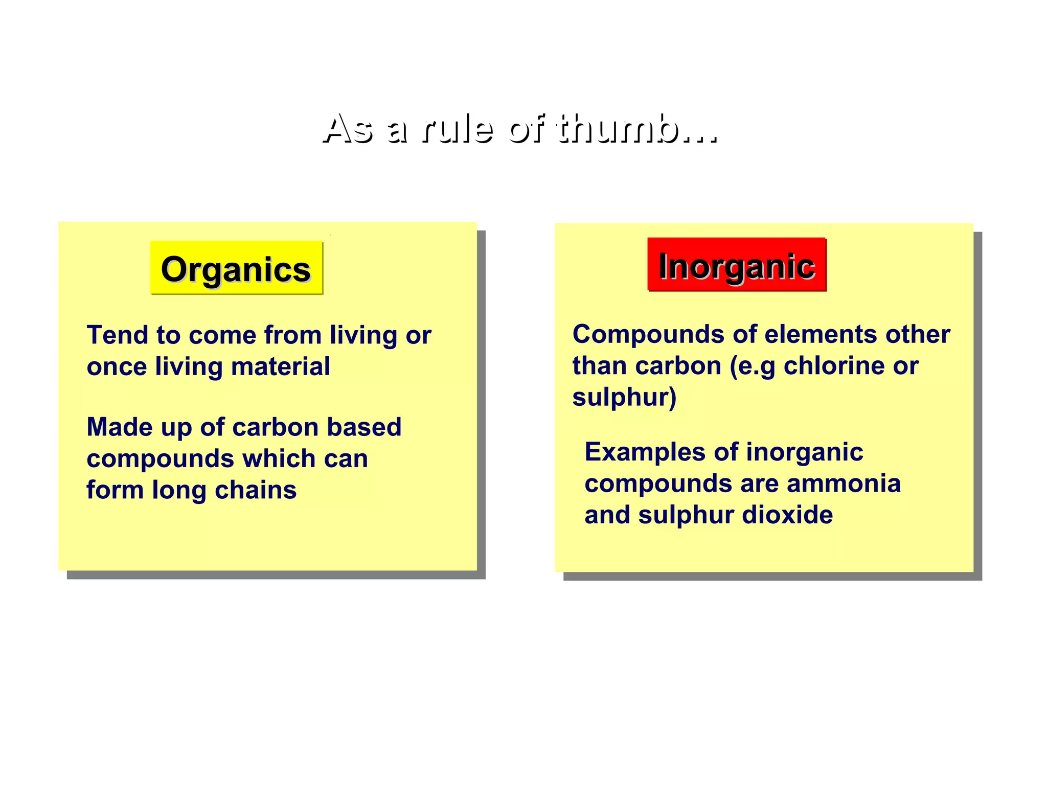 As a rule of thumb… Organics Tend to come from living or once living material Inorganic Made up of carbon based compounds which can form long chains Compounds of elements other than carbon (e.g chlorine or sulphur) Examples of inorganic compounds are ammonia and sulphur dioxide 