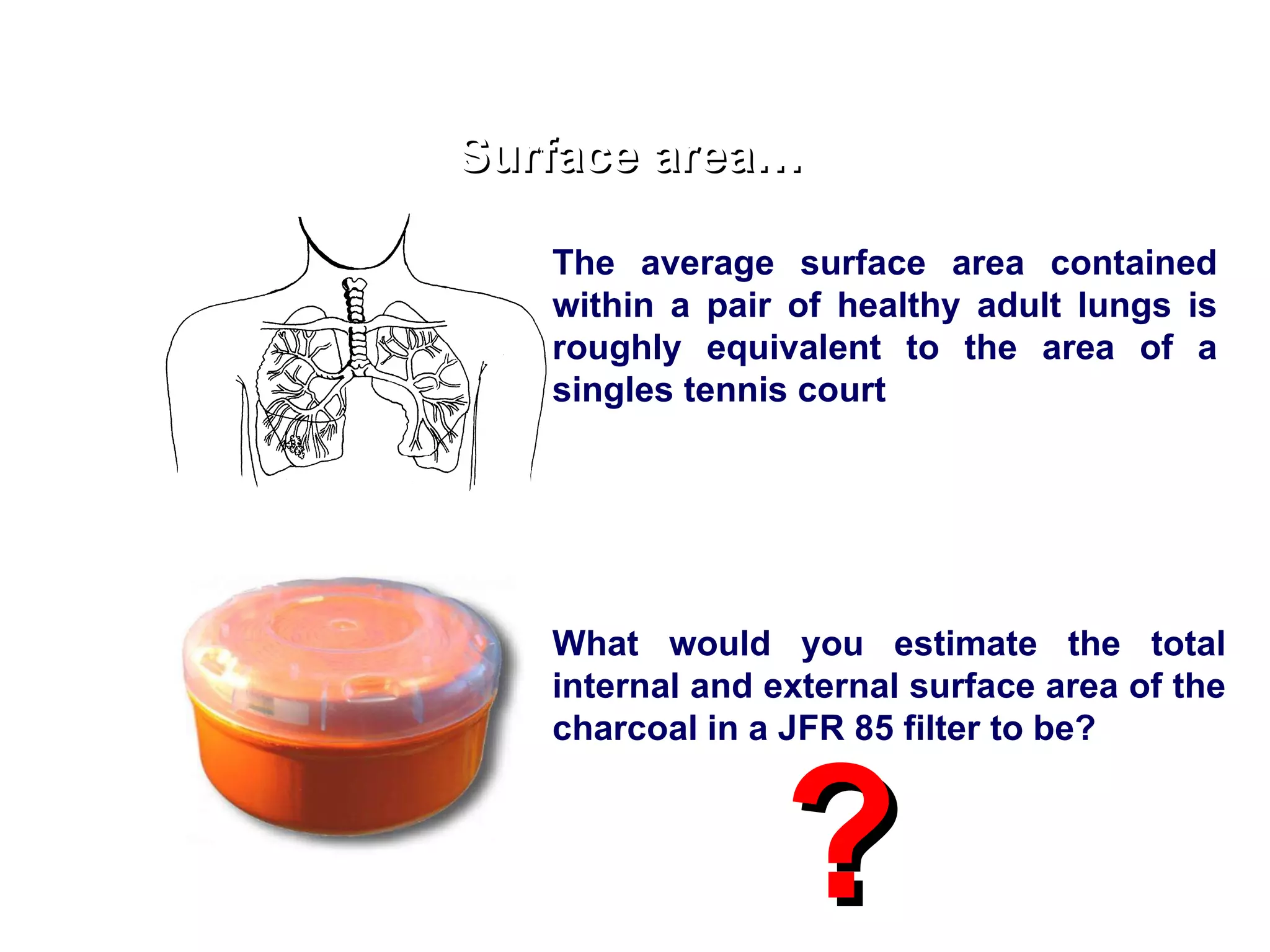 Surface area… The average surface area contained within a pair of healthy adult lungs is roughly equivalent to the area of a singles tennis court What would you estimate the total internal and external surface area of the charcoal in a JFR 85 filter to be? ? 