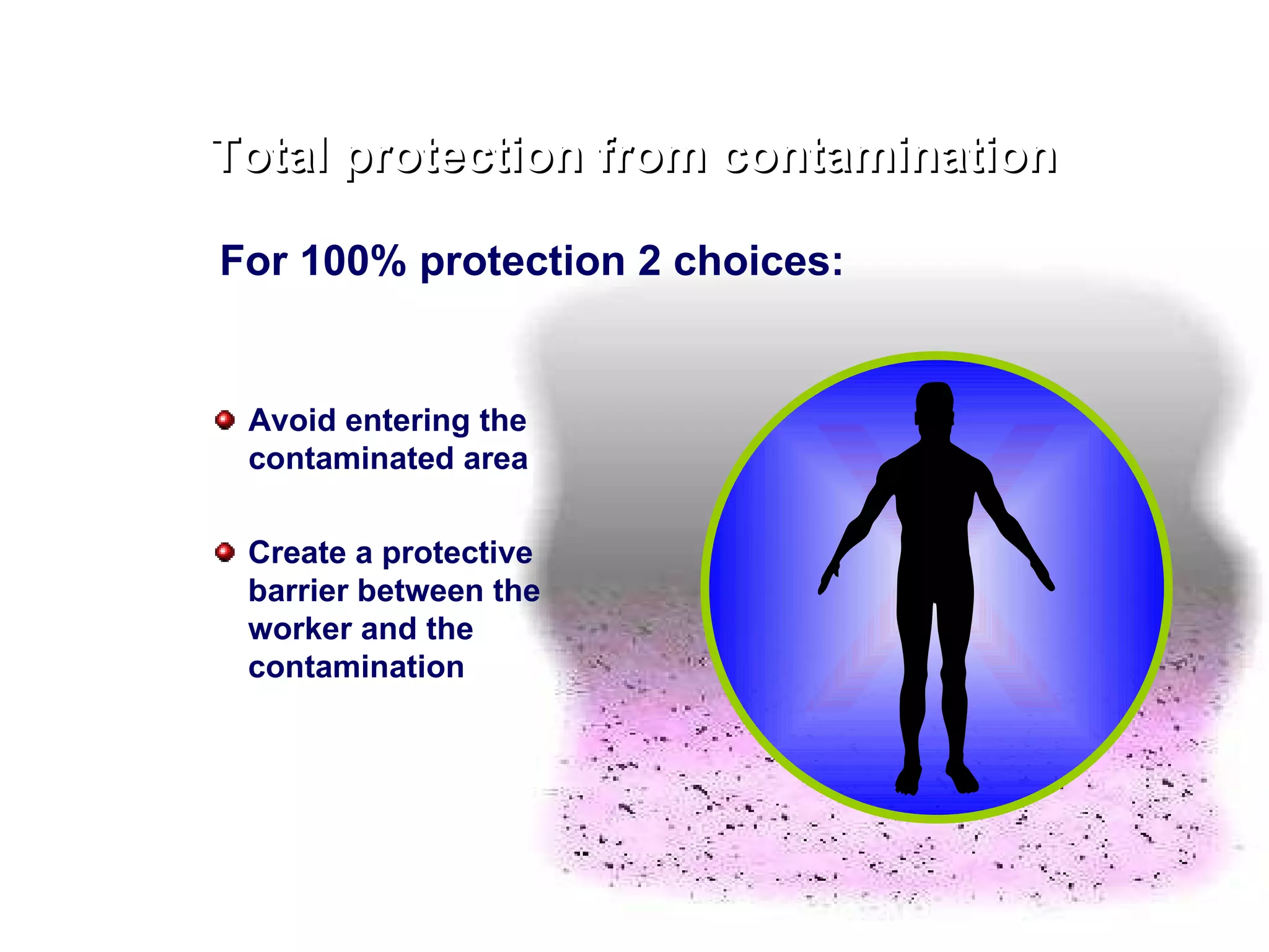 For 100% protection 2 choices: Total protection from contamination Avoid entering the contaminated area Create a protective barrier between the worker and the contamination X 