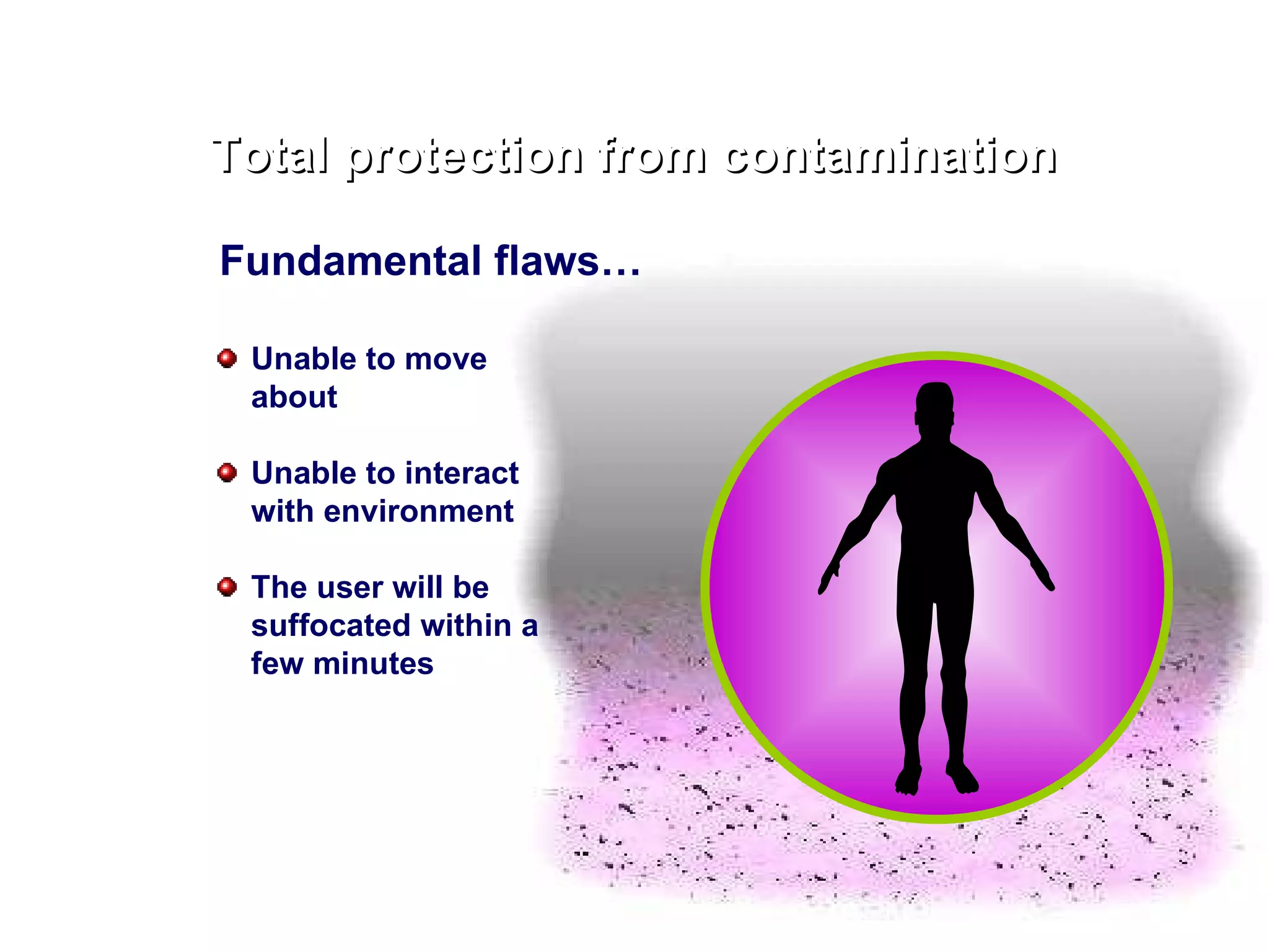 Total protection from contamination Fundamental flaws… Unable to move about  Unable to interact with environment The user will be suffocated within a few minutes 