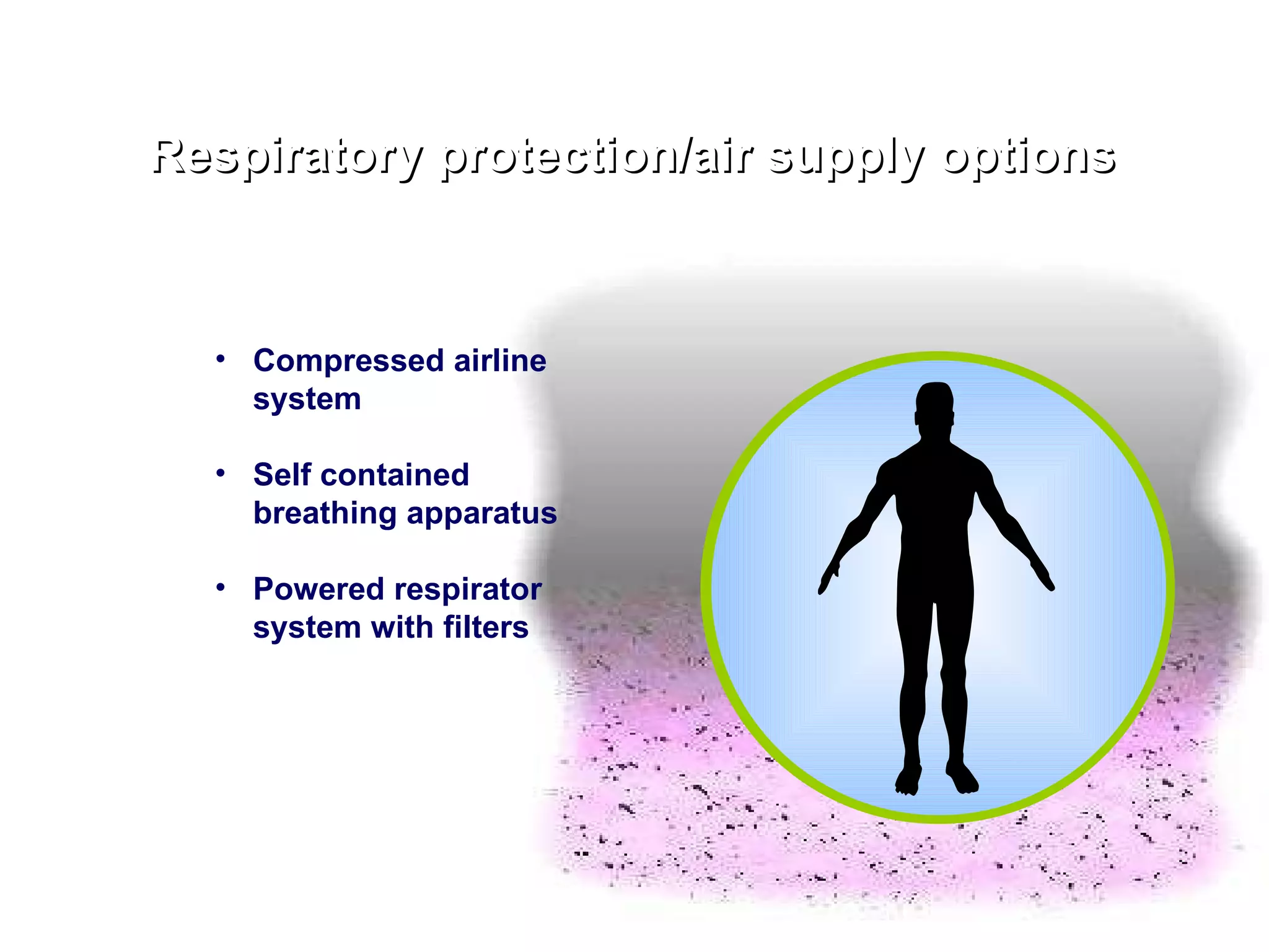 Respiratory protection/air supply options Compressed airline system Self contained breathing apparatus Powered   respirator system with filters 