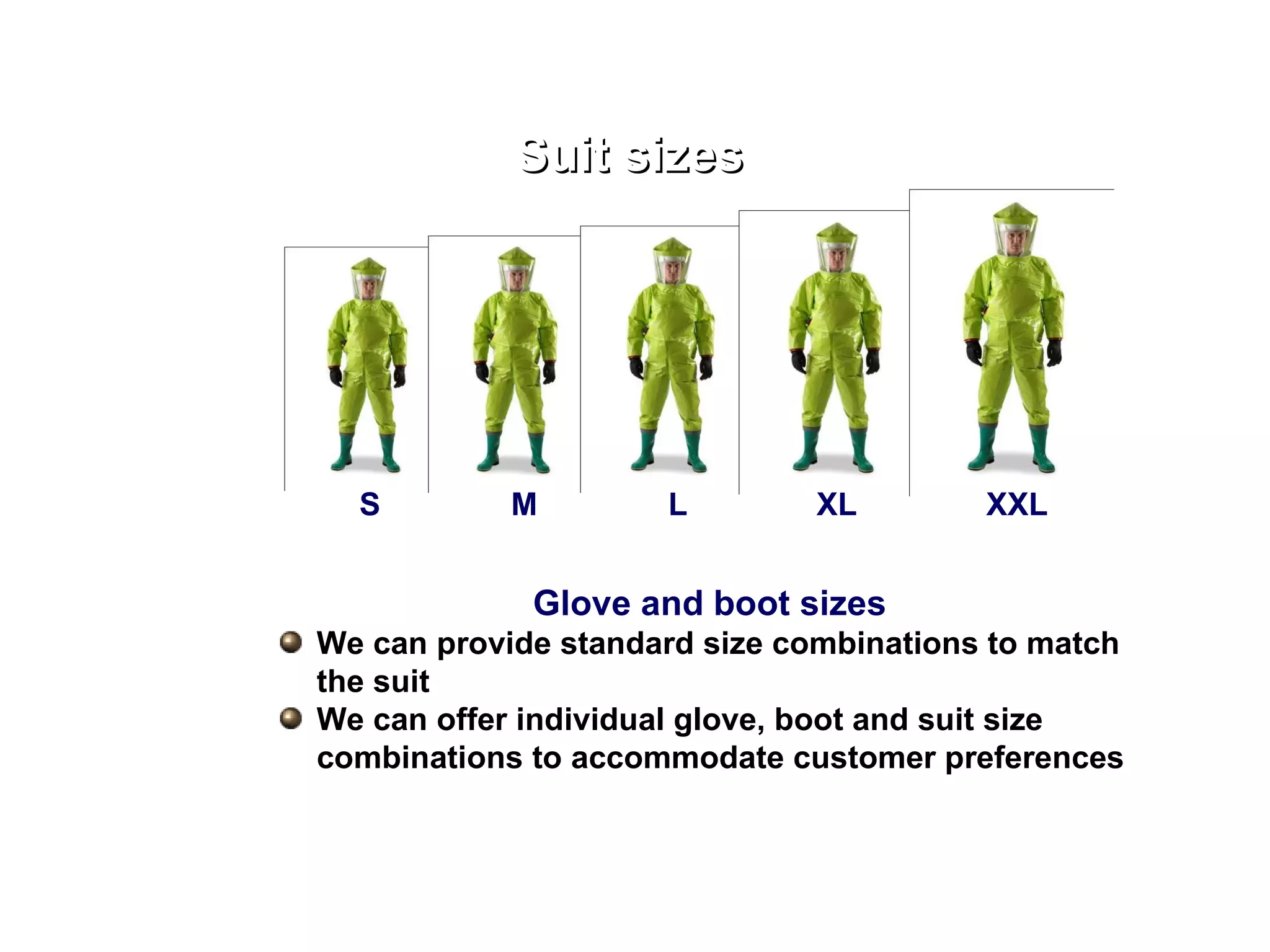 Suit sizes S M L XL XXL Glove and boot sizes We can provide standard size combinations to match the suit We can offer individual glove, boot and suit size combinations to accommodate customer preferences 