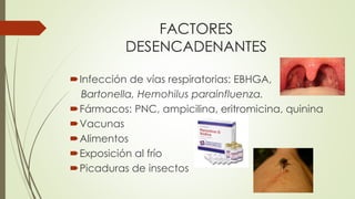 FACTORES
DESENCADENANTES
Infección de vías respiratorias: EBHGA,
Bartonella, Hemohilus parainfluenza.
Fármacos: PNC, ampicilina, eritromicina, quinina
Vacunas
Alimentos
Exposición al frío
Picaduras de insectos
 