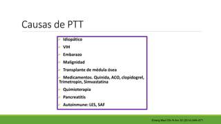 Emerg Med Clin N Am 32 (2014) 649–671
Causas de PTT
 Idiopático
 VIH
 Embarazo
 Malignidad
 Transplante de médula ósea
 Medicamentos. Quinida, ACO, clopidogrel,
Trimetropin, Simvastatina
 Quimioterapia
 Pancreatitis
 Autoinmune: LES, SAF
 