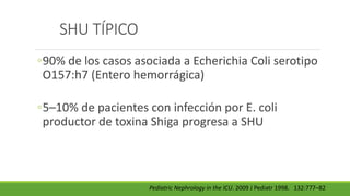 SHU TÍPICO
◦90% de los casos asociada a Echerichia Coli serotipo
O157:h7 (Entero hemorrágica)
◦5–10% de pacientes con infección por E. coli
productor de toxina Shiga progresa a SHU
Pediatric Nephrology in the ICU. 2009 J Pediatr 1998. 132:777–82
 