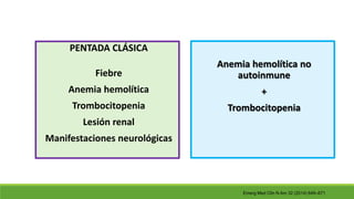 Anemia hemolítica no
autoinmune
+
Trombocitopenia
PENTADA CLÁSICA
Fiebre
Anemia hemolítica
Trombocitopenia
Lesión renal
Manifestaciones neurológicas
Emerg Med Clin N Am 32 (2014) 649–671
 