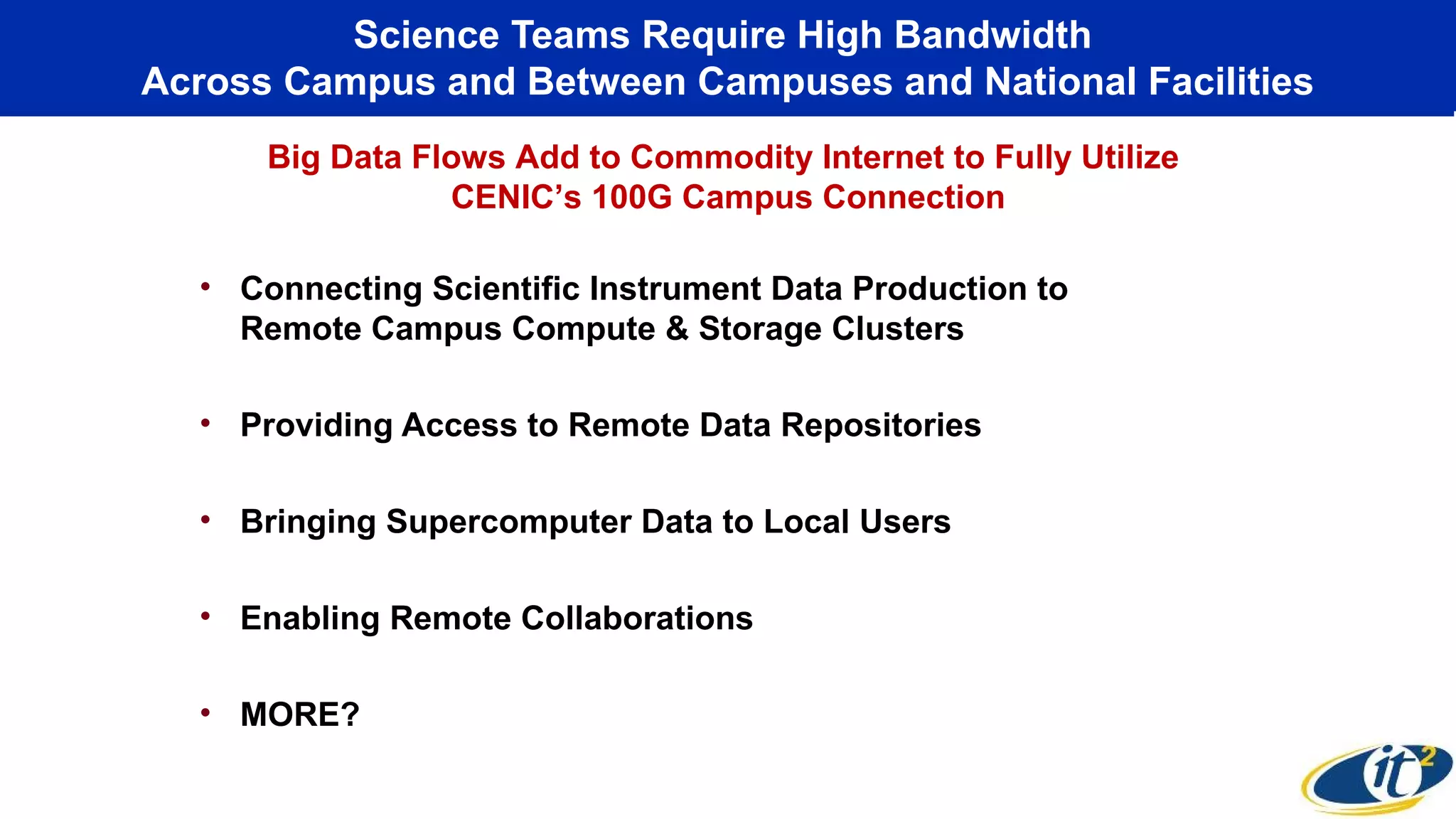 Science Teams Require High Bandwidth
Across Campus and Between Campuses and National Facilities
• Connecting Scientific Instrument Data Production to
Remote Campus Compute & Storage Clusters
• Providing Access to Remote Data Repositories
• Bringing Supercomputer Data to Local Users
• Enabling Remote Collaborations
• MORE?
Big Data Flows Add to Commodity Internet to Fully Utilize
CENIC’s 100G Campus Connection
 