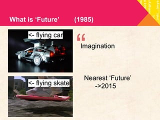 What is ‘Future’ (1985) 
“Imagination 
Nearest ‘Future’ 
->2015 
<- flying car 
<- flying skate 
 