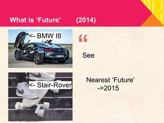 What is ‘Future’ (2014) 
<- BMW I8 
<- Stair-Rover 
See 
Nearest ‘Future’ 
->2015 
“ 
 