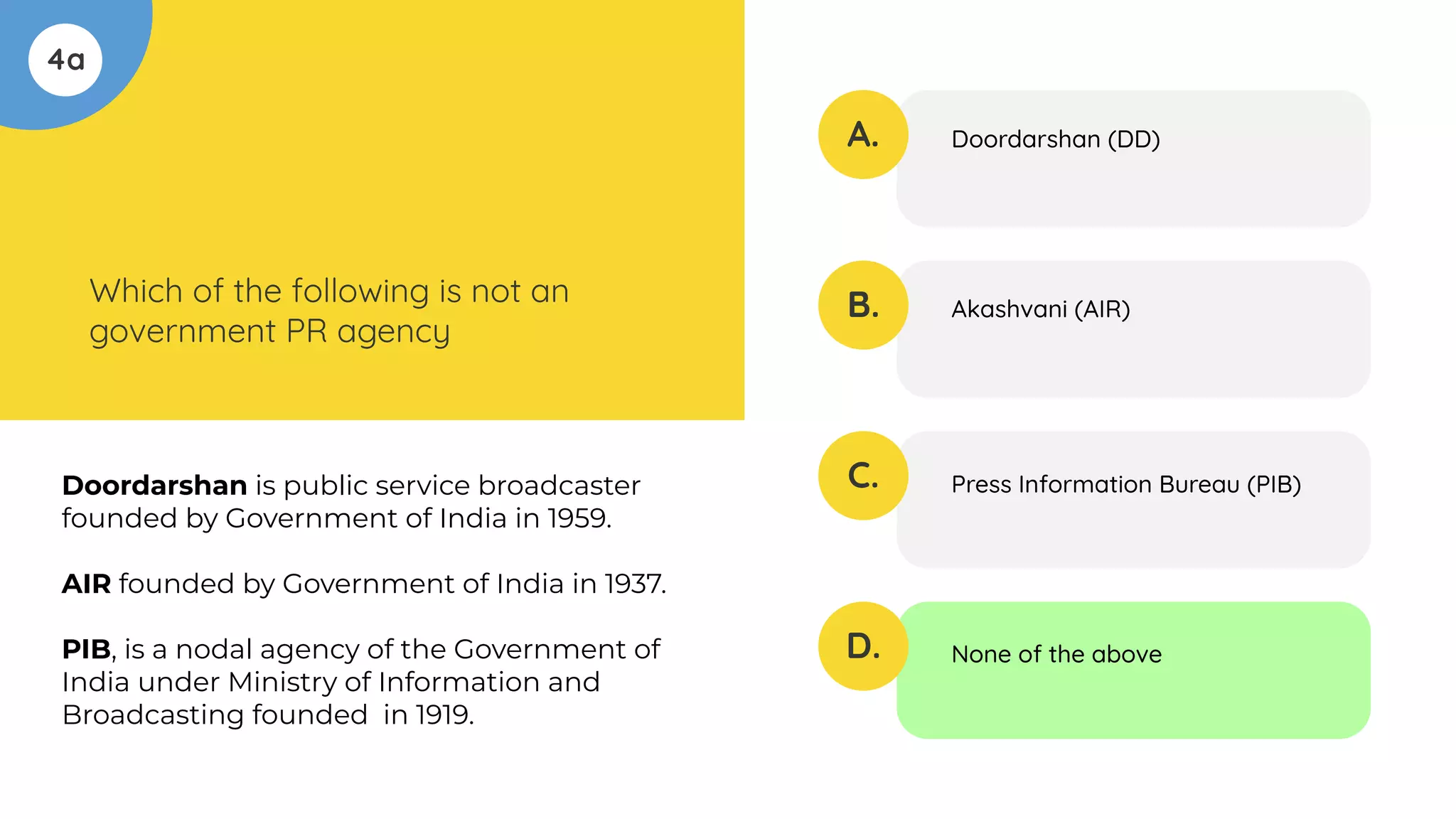 4a
Which of the following is not an
government PR agency
A.
B.
C.
D.
Doordarshan (DD)
Akashvani (AIR)
Press Information Bureau (PIB)
None of the above
Doordarshan is public service broadcaster
founded by Government of India in 1959.
AIR founded by Government of India in 1937.
PIB, is a nodal agency of the Government of
India under Ministry of Information and
Broadcasting founded in 1919.
 