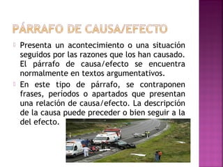  Presenta un acontecimiento o una situación
seguidos por las razones que los han causado.
El párrafo de causa/efecto se encuentra
normalmente en textos argumentativos.
 En este tipo de párrafo, se contraponen
frases, períodos o apartados que presentan
una relación de causa/efecto. La descripción
de la causa puede preceder o bien seguir a la
del efecto.
 