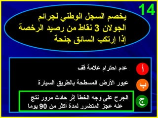 ‫41‬

‫أ‬
‫ب‬
‫ج‬

‫يخصم السجل الوطني لجرائم‬
‫الجول ن 3 نقاط من رصيد الرخصة‬
‫إذا إرتكب السائق جنحة‬
‫عدم احترام علمة قف‬
‫عبور الرض المسطحة بالطريق السيارة‬
‫الجرح على وجه الخطأ إثر حادث مرور نتج‬
‫عنه عجز المتضرر لمدة أكثر من 09 يوما‬

 