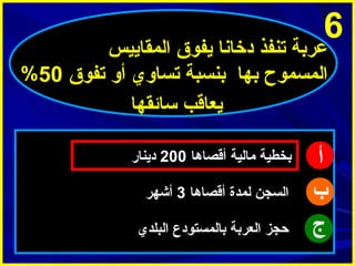 ‫6‬

‫عربة تنفذ دخانا يفوق المقاييس‬
‫المسموح بها بنسبة تساوي أو تفوق 05%‬
‫يعاقب سائقها‬

‫أ‬
‫ب‬
‫ج‬

‫بخطية مالية أقصاها 002 دينار‬
‫السجن لمدة أقصاها 3 أشهر‬
‫حجز العربة بالمستودع البلدي‬

 