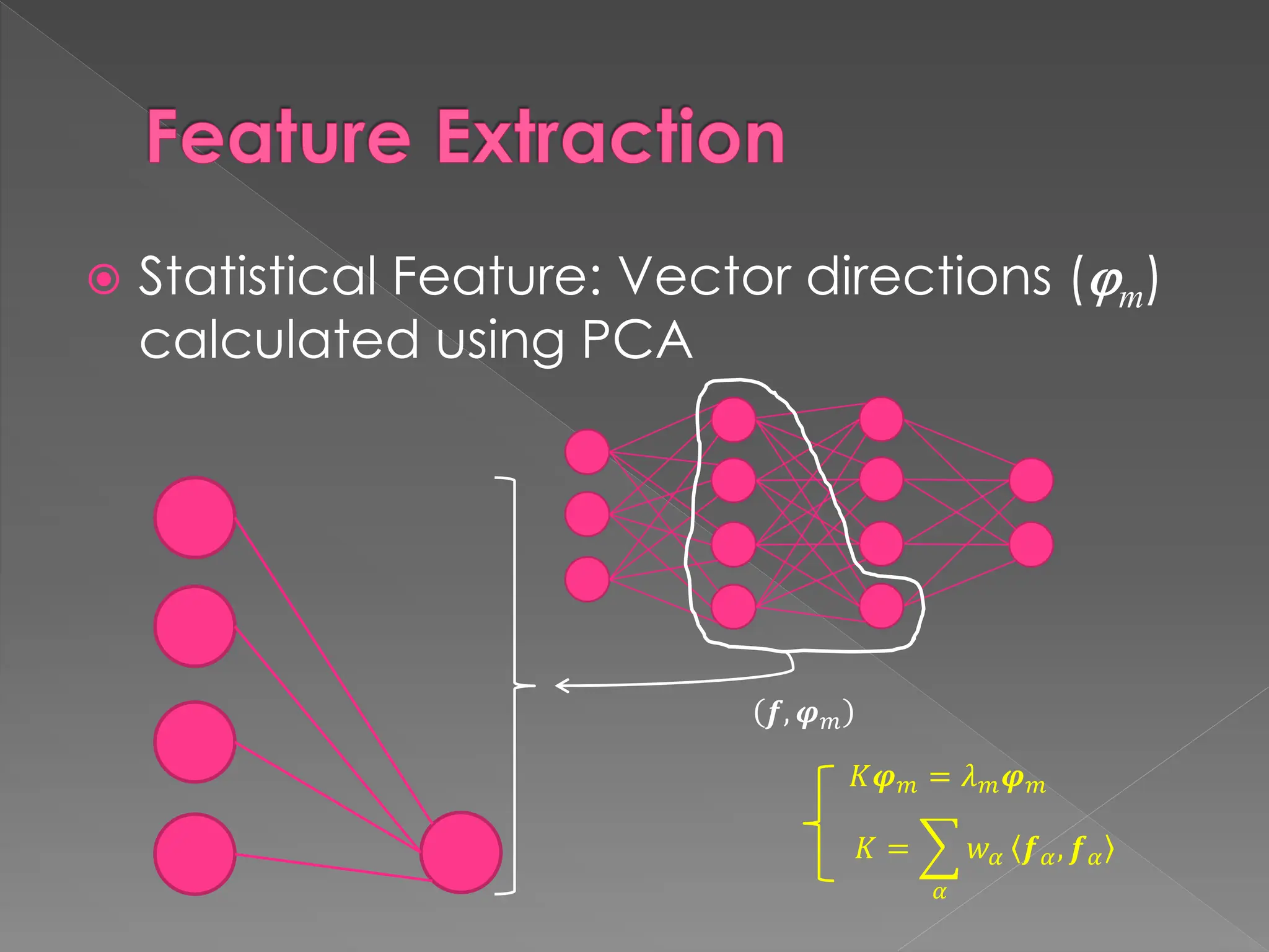 Feature Extraction
 Statistical Feature: Vector directions (m)
calculated using PCA
𝒇, 𝝋𝑚
𝐾𝝋𝑚 = 𝜆𝑚𝝋𝑚
𝐾 = ෍
𝛼
𝑤𝛼 𝒇𝛼, 𝒇𝛼
 