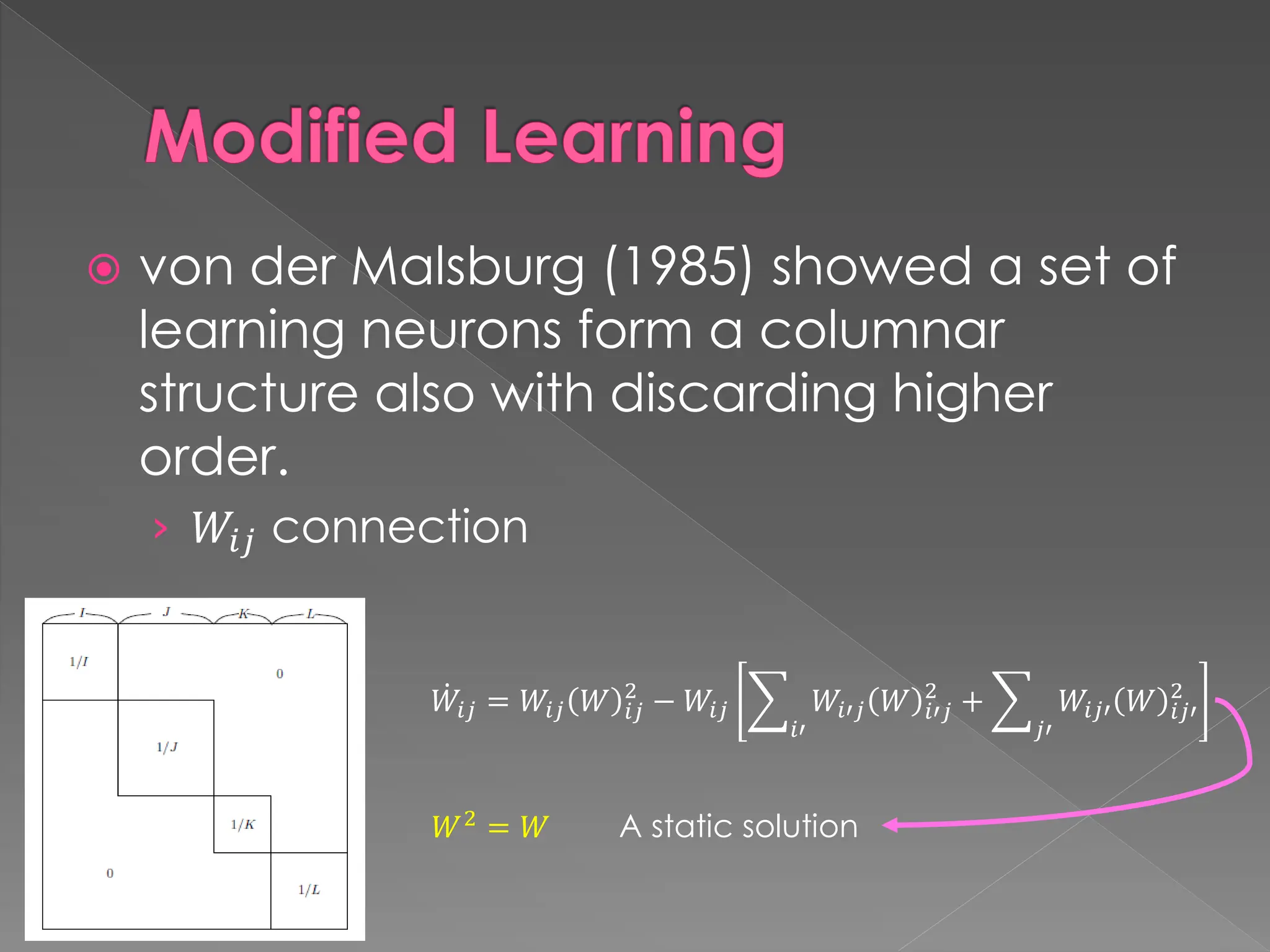 Modified Learning
 von der Malsburg (1985) showed a set of
learning neurons form a columnar
structure also with discarding higher
order.
› 𝑊𝑖𝑗 connection
ሶ
𝑊𝑖𝑗 = 𝑊𝑖𝑗 𝑊 𝑖𝑗
2
− 𝑊𝑖𝑗 ෍
𝑖′
𝑊𝑖′𝑗 𝑊 𝑖′𝑗
2
+ ෍
𝑗′
𝑊𝑖𝑗′ 𝑊 𝑖𝑗′
2
𝑊2
= 𝑊 A static solution
 
