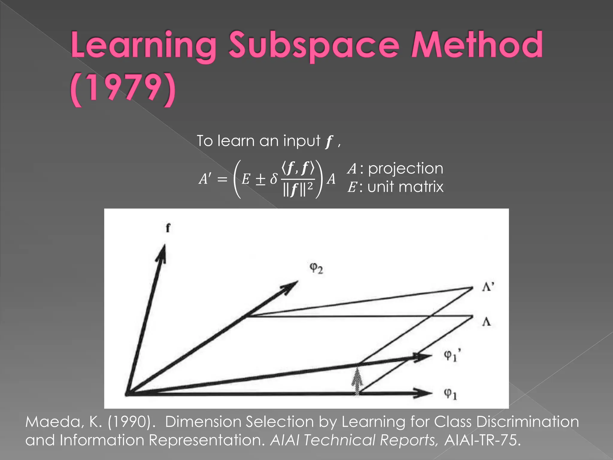 Learning Subspace Method
(1979)
Maeda, K. (1990). Dimension Selection by Learning for Class Discrimination
and Information Representation. AIAI Technical Reports, AIAI-TR-75.
𝐴′
= 𝐸 ± 𝛿
𝒇, 𝒇
𝒇 2 𝐴
A : projection
E : unit matrix
To learn an input 𝒇 ,
 
