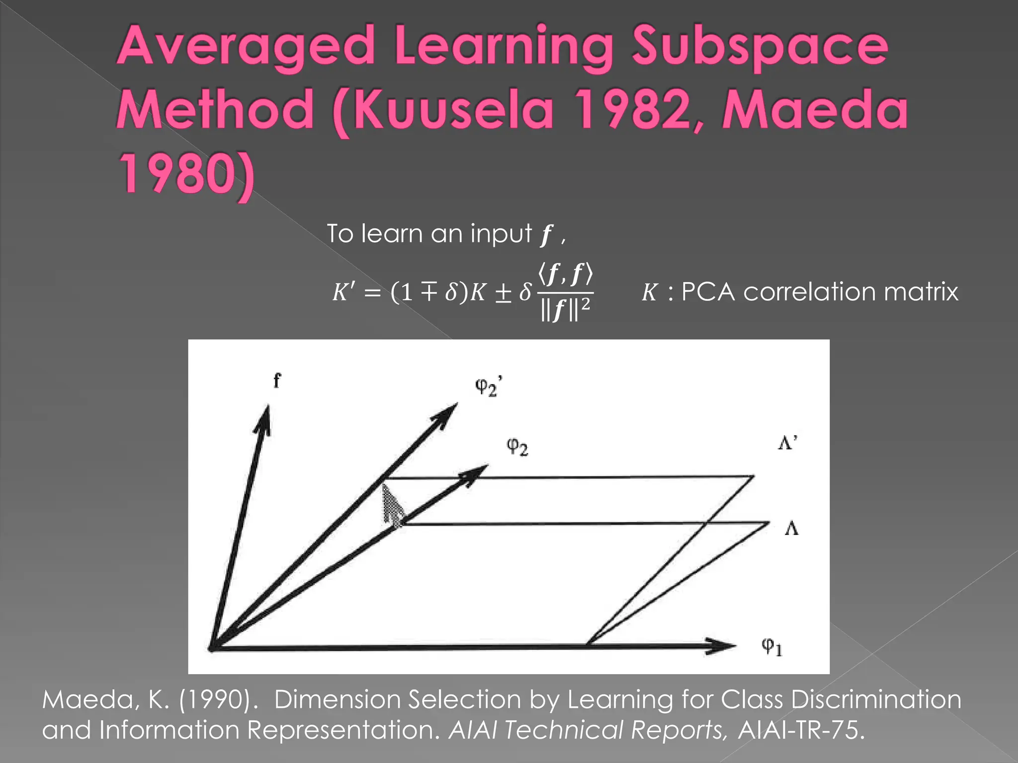 Averaged Learning Subspace
Method (Kuusela 1982, Maeda
1980)
Maeda, K. (1990). Dimension Selection by Learning for Class Discrimination
and Information Representation. AIAI Technical Reports, AIAI-TR-75.
To learn an input 𝒇 ,
𝐾′ = 1 ∓ 𝛿 𝐾 ± 𝛿
𝒇, 𝒇
𝒇 2 𝐾 : PCA correlation matrix
 