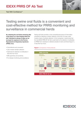 IDEXX PRRS OF Ab Test
Test With Confidence™




Testing swine oral fluids is a convenient and
cost-effective method for PRRS monitoring and
surveillance in commercial herds
By collecting the oral fluids remaining after   Testing oral fluids provides a more comprehensive picture of herd status
a pig chews on a rope hanging within the        compared to bleeding a random selection of the herd. It is also a less
pen, individual or groups of pigs can be        invasive means of sample collection. In this comparison, results show that
surveyed for exposure to the Porcine            the new IDEXX PRRS OF Ab Test is optimized for the detection of antibodies
Reproductive & Respiratory Syndrome             to PRRSV from individual or collected samples of swine oral fluids (Figure 1),
(PRRS) virus.                                   in less than four hours.


•	Cost-effective and convenient                 Figure 1. Comparison of test protocols
•	 ess invasive sample collection
  L
•	Optimized for detection of antibodies in
                                                          PRRS X3 Ab Test
	 less than four hours
                                                          Swine Serum
•	98% specificity and sensitivity                         2.5µL sample input/well                                                     Read at
                                                                                                                   substrate          650 nm
•	For disease monitoring and surveillance                                                     conjugate

                                                                            30 min   30 min               15 min               STOP




                                                                                                                   HR P




                                                                                                                                       HR P
                                                                                                                   HRP
                                                                                                                      P




                                                                                                                                       HRP
                                                                                                                   HRP




                                                                                                                                          P
                                                                                                                                       HRP
                                                                                              HR P
                                                                                              HRP
                                                                                                 P
                                                                                              HRP




                                                                                                                   HR




                                                                                                                                       HR
                                                                                              HR




                                                 PRRS
                                                Antigen

                                                                                2h   30 min               15 min               STOP

                                                          Swine Oral Fluid                                                            Read at
                                                          50µL sample input/well                                                      450-650 nm


                                                          IDEXX PRRS OF Ab Test
 