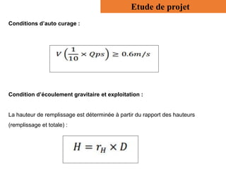 Conditions d’auto curage :
Condition d’écoulement gravitaire et exploitation :
La hauteur de remplissage est déterminée à partir du rapport des hauteurs
(remplissage et totale) :
Etude de projet
 