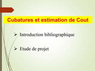 Cubatures et estimation de Cout
 Introduction bibliographique
 Etude de projet
 