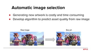 Automatic image selection
● Generating new artwork is costly and time consuming
● Develop algorithm to predict asset quality from raw image
Raw image Box-art
 