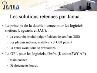 Les solutions retenues par Janua..


Le principe de la double licence pour les logiciels
métiers (Jaguards et JAC):
−
−

Les plugins métiers, installeurs et GUI payant

−


Le coeur du produit (algo+fichiers de conf en OSS)
La vente avant tout de prestations

La GPL pour les logiciels d'infra (Kontact2WCAP)
−

Maintenance

−

Déploiements lourds

 
