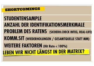 SHORTCOMINGS

 STUDENTENSAMPLE
 ANZAHL DER IDENTIFIKATIONSMERKMALE
 PROBLEM DES RATENS (SICHERH.CHECK INTEG, REAL-LIFE)
 KOMM.SIT (WIEDERHOLUNGEN / GESAMTQUELLE STATT MM)
 WEITERE FAKTOREN (Hit Rate < 100%)
LEBEN WIR NICHT LÄNGST IN DER MATRIX?
 