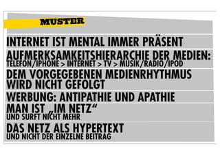 MUSTER

INTERNET IST MENTAL IMMER PRÄSENT
AUFMERKSAMKEITSHIERARCHIE DER MEDIEN:
TELEFON/IPHONE > INTERNET > TV > MUSIK/RADIO/IPOD
DEM VORGEGEBENEN MEDIENRHYTHMUS
WIRD NICHT GEFOLGT
WERBUNG: ANTIPATHIE UND APATHIE
MAN IST „IM NETZ“
UND SURFT NICHT MEHR
DAS NETZ ALS HYPERTEXT
UND NICHT DER EINZELNE BEITRAG
 
