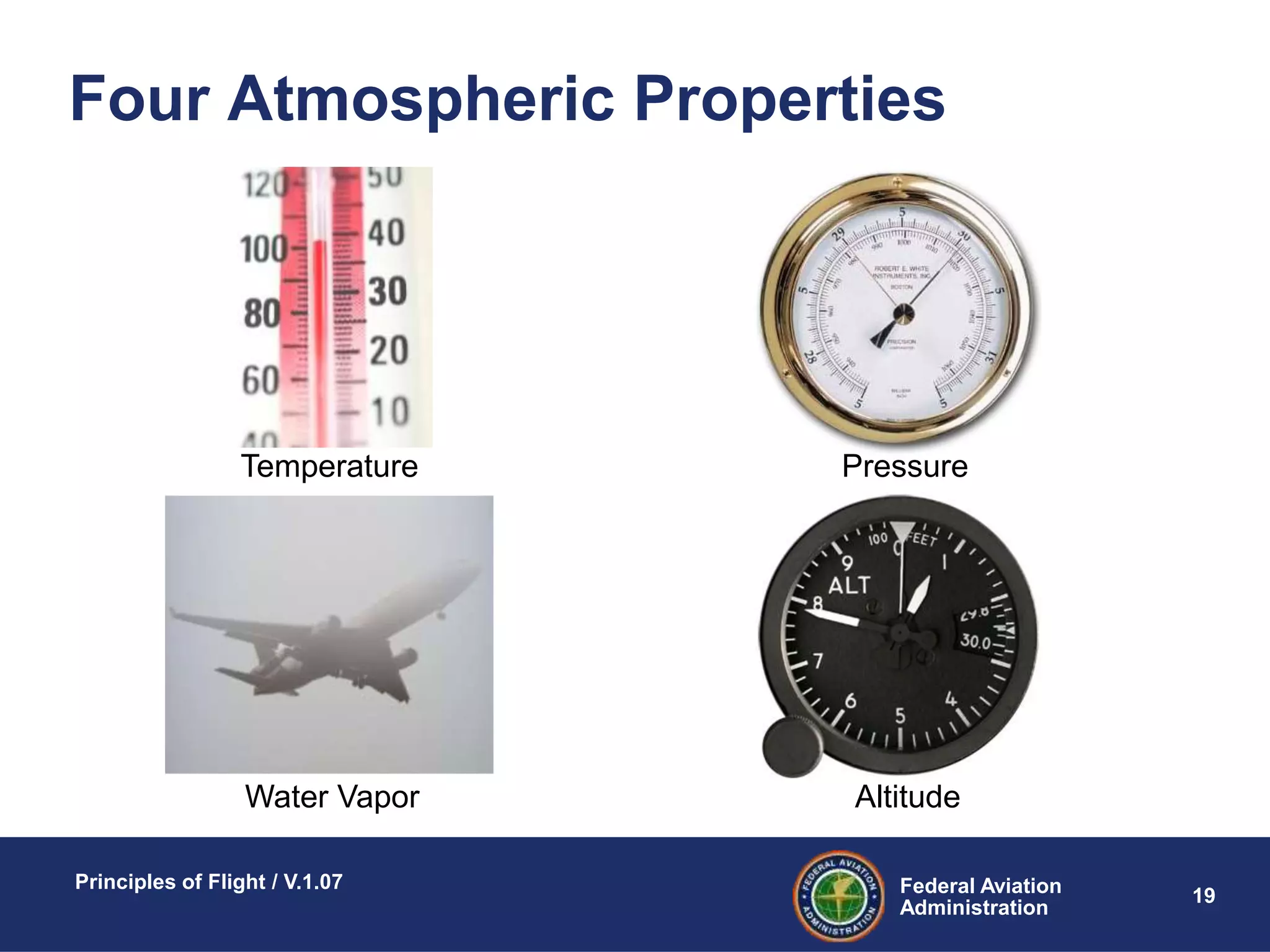 Federal Aviation
Administration
Principles of Flight / V.1.07
19
Four Atmospheric Properties
Water Vapor Altitude
Temperature Pressure
 