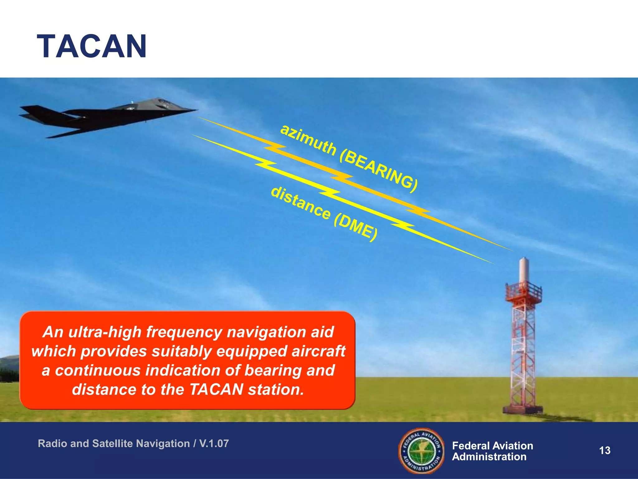 13Federal Aviation
Administration
Federal Aviation
Administration
Radio and Satellite Navigation / V.1.07
TACAN
An ultra-high frequency navigation aid
which provides suitably equipped aircraft
a continuous indication of bearing and
distance to the TACAN station.
 