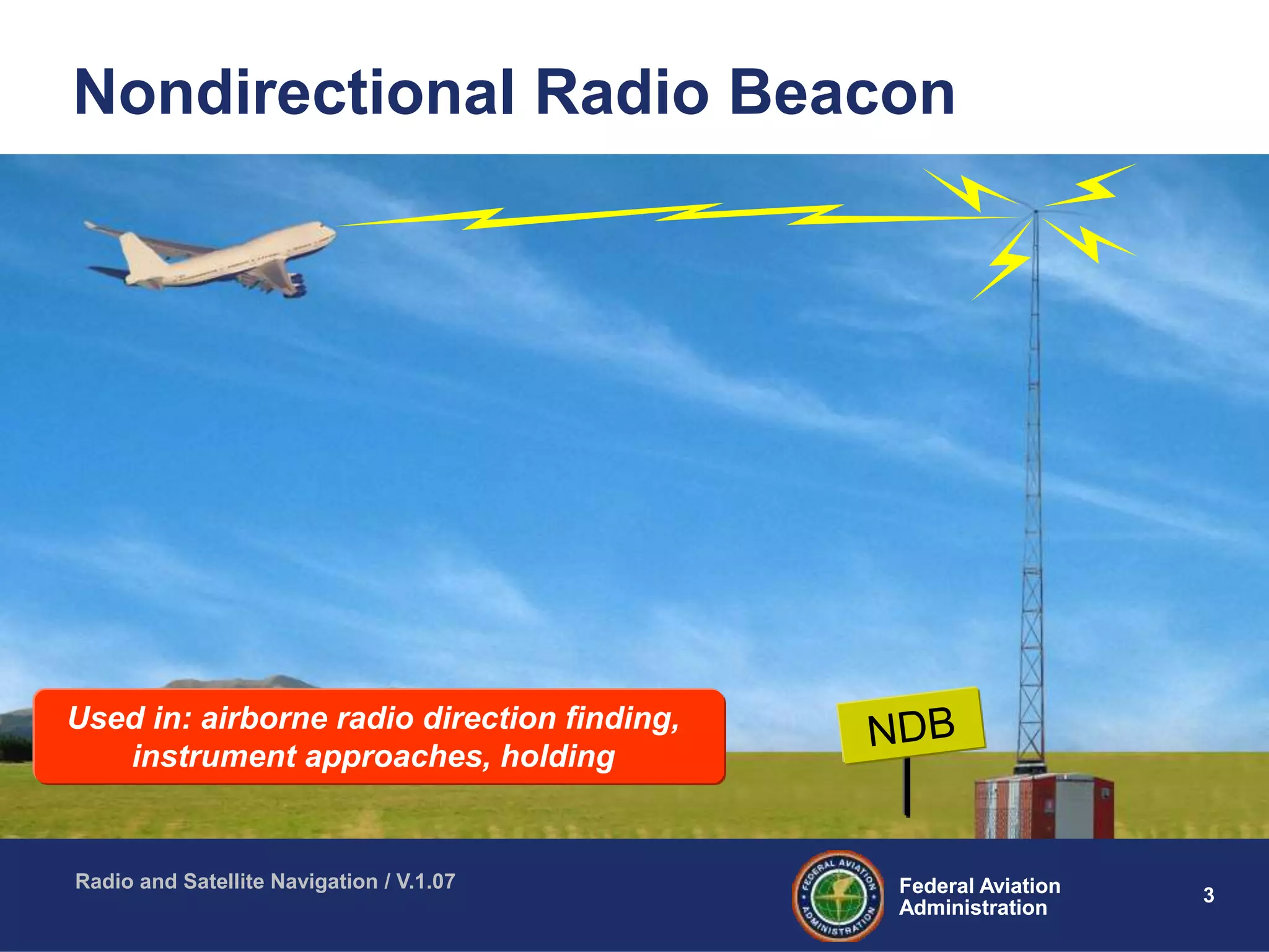 3Federal Aviation
Administration
Federal Aviation
Administration
Radio and Satellite Navigation / V.1.07
Nondirectional Radio Beacon
Used in: airborne radio direction finding,
instrument approaches, holding
 