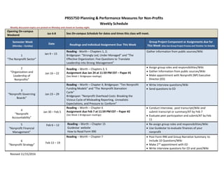 Revised 11/15/2016
PRS575D Planning & Performance Measures for Non-Profits
Weekly Schedule
Weekly discussion topics are posted on Monday and closed on Sunday night.
Opening On-campus
Weekend Jan 6-8 See On-campus Schedule for dates and times this class will meet.
Semester Week
(Monday – Sunday)
Date Readings and Individual Assignment Due This Week
Group Project Component or Assignments due for
This Week (Also See Group Project Process and Timeline for Details)
1
“The Nonprofit Sector”
Jan 9 – 15
Reading - Worth – Chapters 1, 2;
Bridgespan “Strongly Led, Under Managed” and “The
Effective Organization: Five Questions to Translate
Leadership into Strong Management”
Gather information from public sources/Wiki
2
“Organization and
Leadership of
Nonprofits”
Jan 16 – 22
Reading – Worth – Chapters 3, 5
Assignment due Jan 24 at 11:59 PM EST – Paper #1
(See Week 1 Bridgespan readings)
 Assign group roles and responsibilities/Wiki
 Gather Information from public sources/Wiki
 Make appointment with Nonprofit (NP) Executive
Director (ED)
3
“Nonprofit Governing
Boards”
Jan 23 – 29
Reading – Worth – Chapter 4; Bridgespan “Ten Nonprofit
Funding Models” and “The Nonprofit Starvation
Cycle”
Bridgespan “Nonprofit Overhead Costs: Breaking the
Vicious Cycle of Misleading Reporting, Unrealistic
Expectations, and Pressure to Conform”
 Write interview questions/Wiki
 Send questions to ED
4
“Nonprofit
Accountability”
Jan 30 – Feb 5
Reading – Worth – Chapter 6
Assignment due Feb 7 at 11:59 PM EST – Paper #2
(See Week 3 Bridgespan readings)
 Conduct interview; post transcript/Wiki and
submit transcript or summary/AT by Feb 7
 Evaluate peer participation and submit/AT by Feb
11
5
“Nonprofit Financial
Management”
Feb 6 – 12 Reading – Worth – Chapter 15
Guidestar website
How to Read Form 990
 Re-assign group roles and responsibilities/Wiki
 Use Guidestar to evaluate finances of your
nonprofit
6
“Nonprofit Strategy”
Feb 13 – 19
Reading – Worth – Chapter 7  Post Form 990 and Group Narrative Summary to
Include 10 Questions/Wiki
 Make 2nd
appointment with ED
 Write interview questions for ED and post/Wiki
 