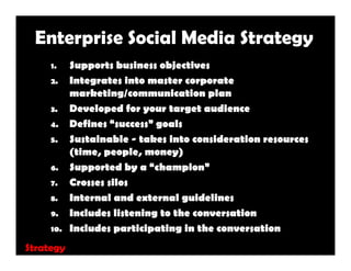 Enterprise Social Media Strategy
     1.    Supports business objectives
     2.    Integrates into master corporate
     ...